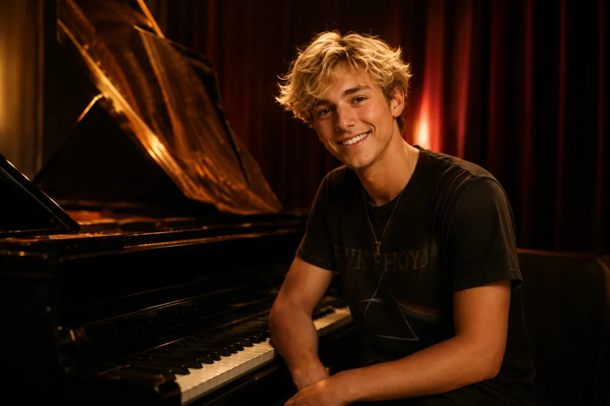 Arda smiling at a grand piano on a curtained stage