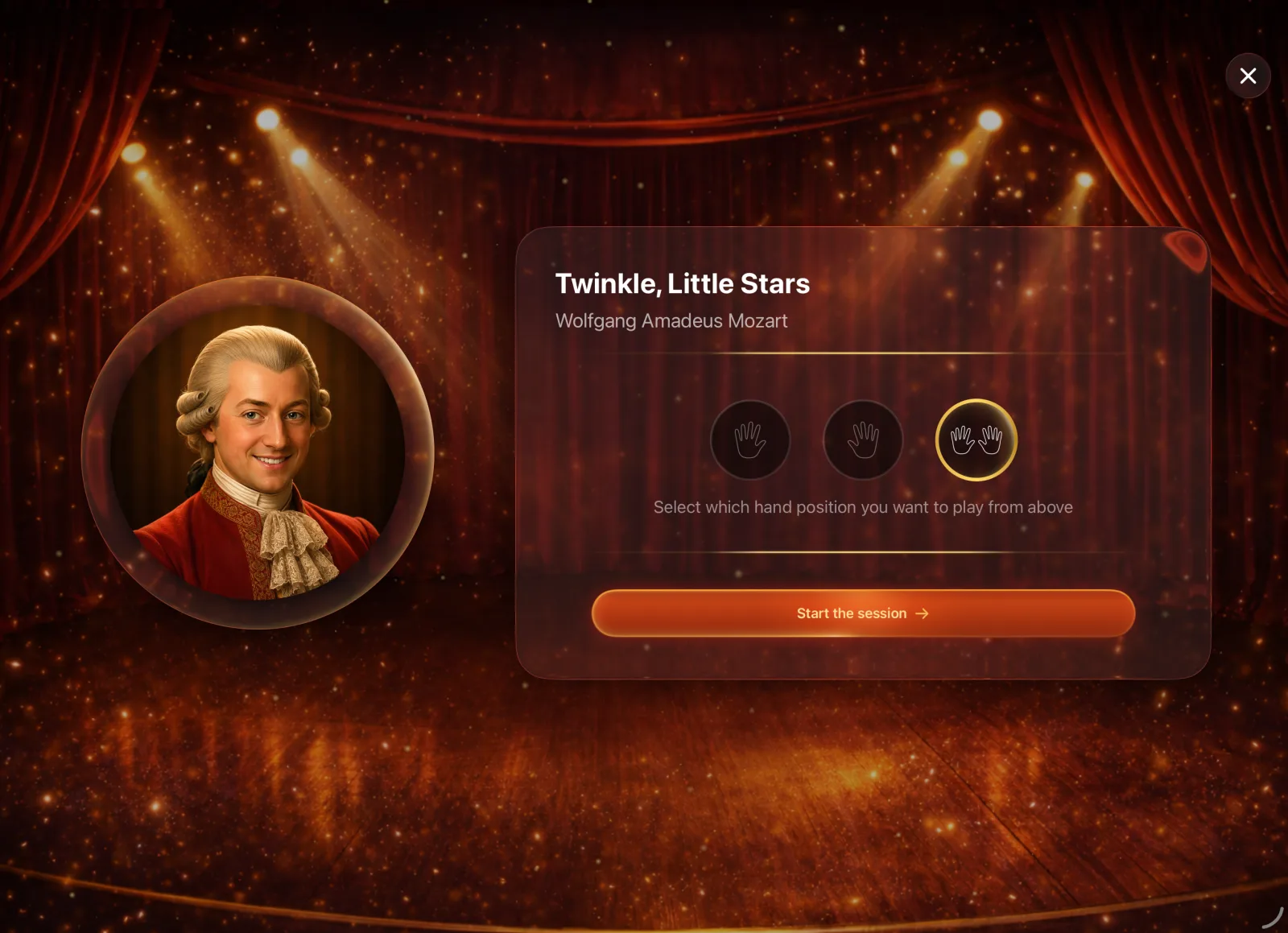 Choosing Twinkle, Little Stars and a hand position before starting a session on the recital stage