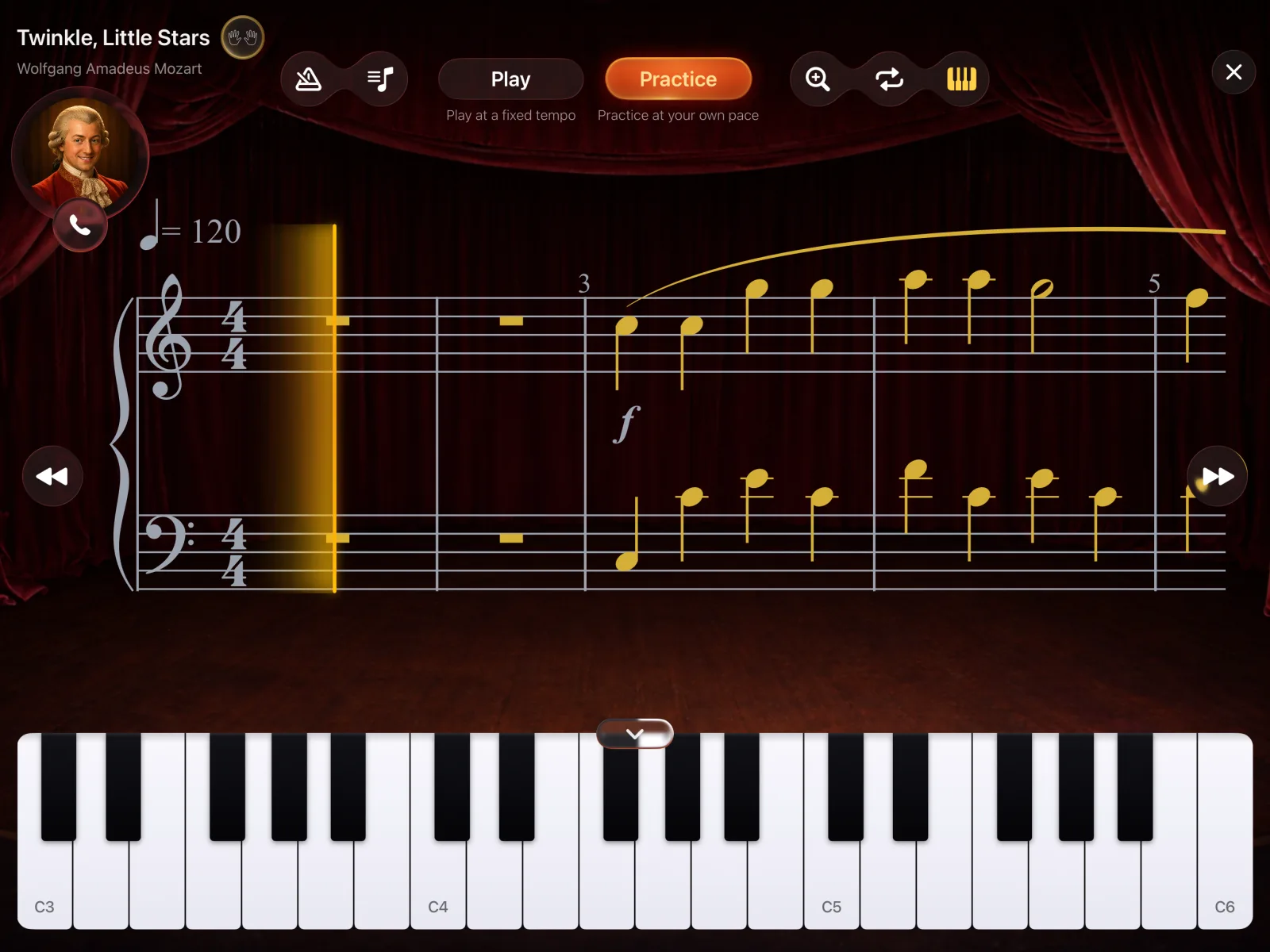 A PianoPal practice session: the score on a lit recital stage above a full piano keyboard